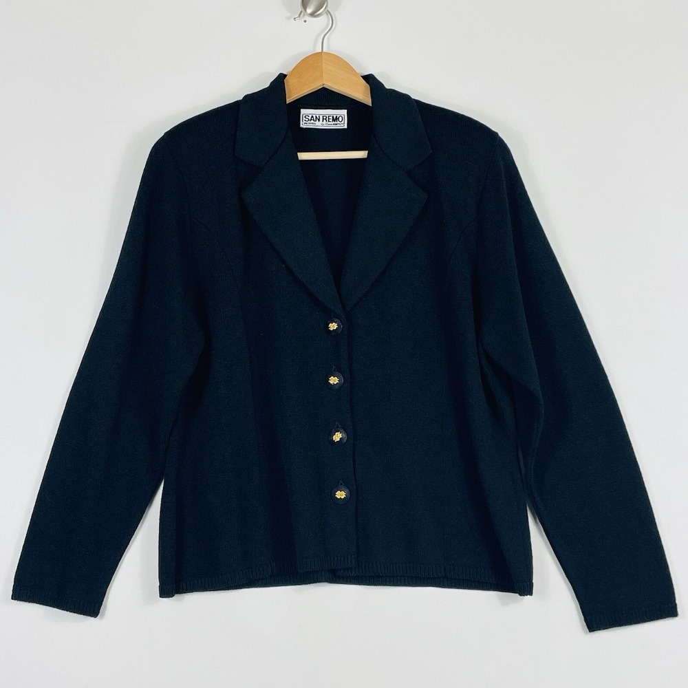 Vtg San Remo Cardigan Sweater Womens Large Petite Black Knit Dark Academia 90s